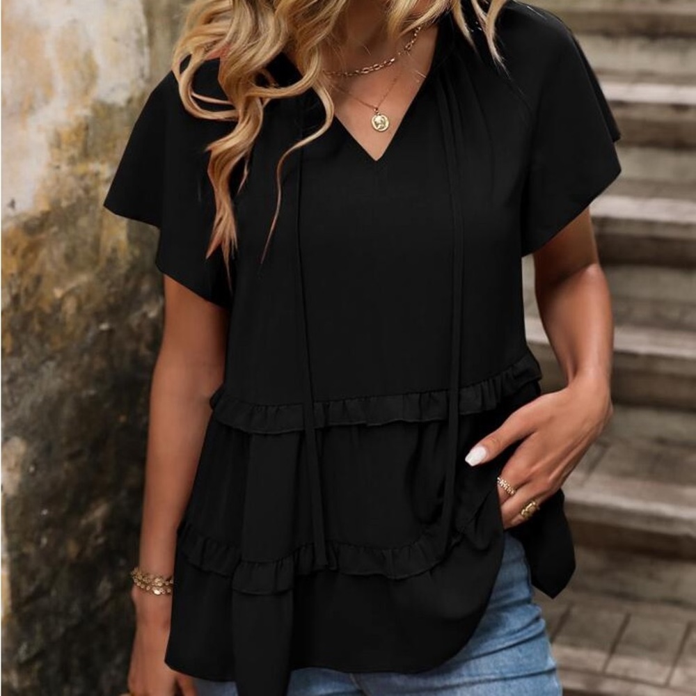 Tie Neck Ruffle Trim Raglan Sleeve Ruffle Hem Blouse